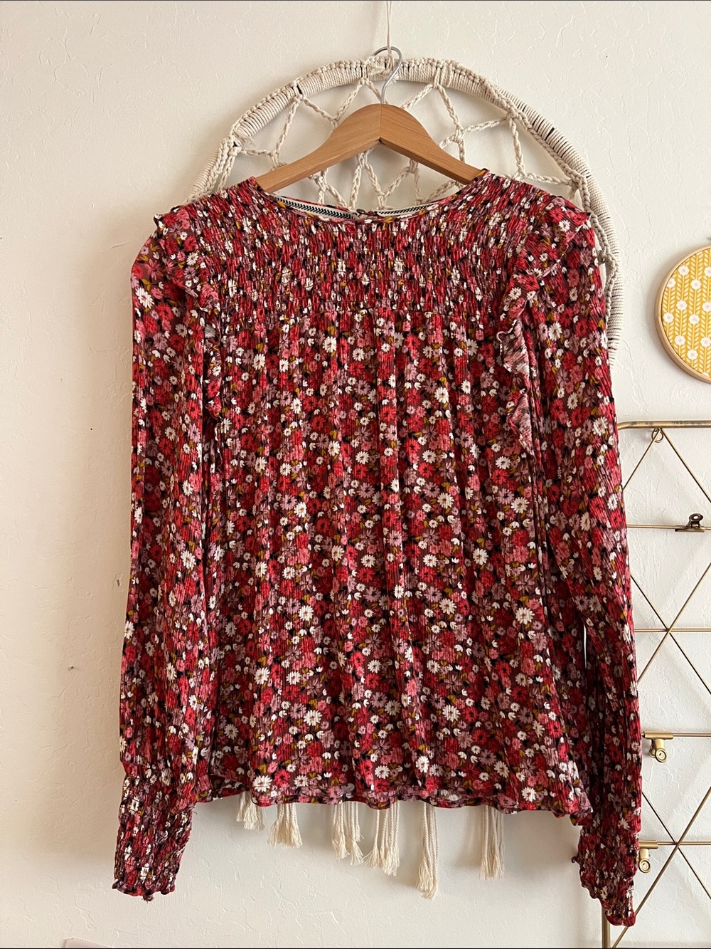 L | Knox Rose Women’s Floral Smocked Long-Sleeve Top - Red Floral